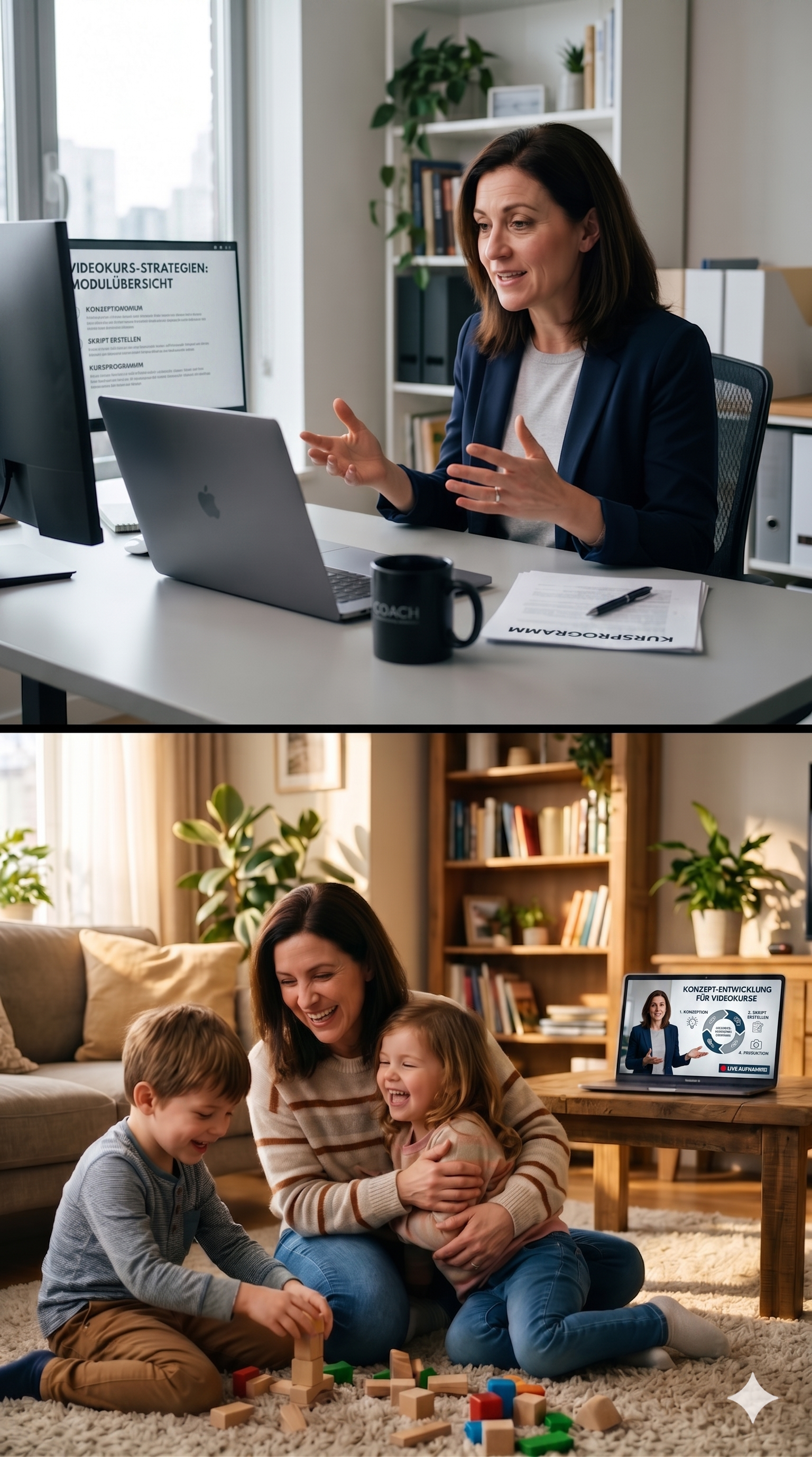 Vorher: Coach im 1:1 Zoom-Call &ndash; Nachher: Kurs läuft, Coach spielt mit Kindern